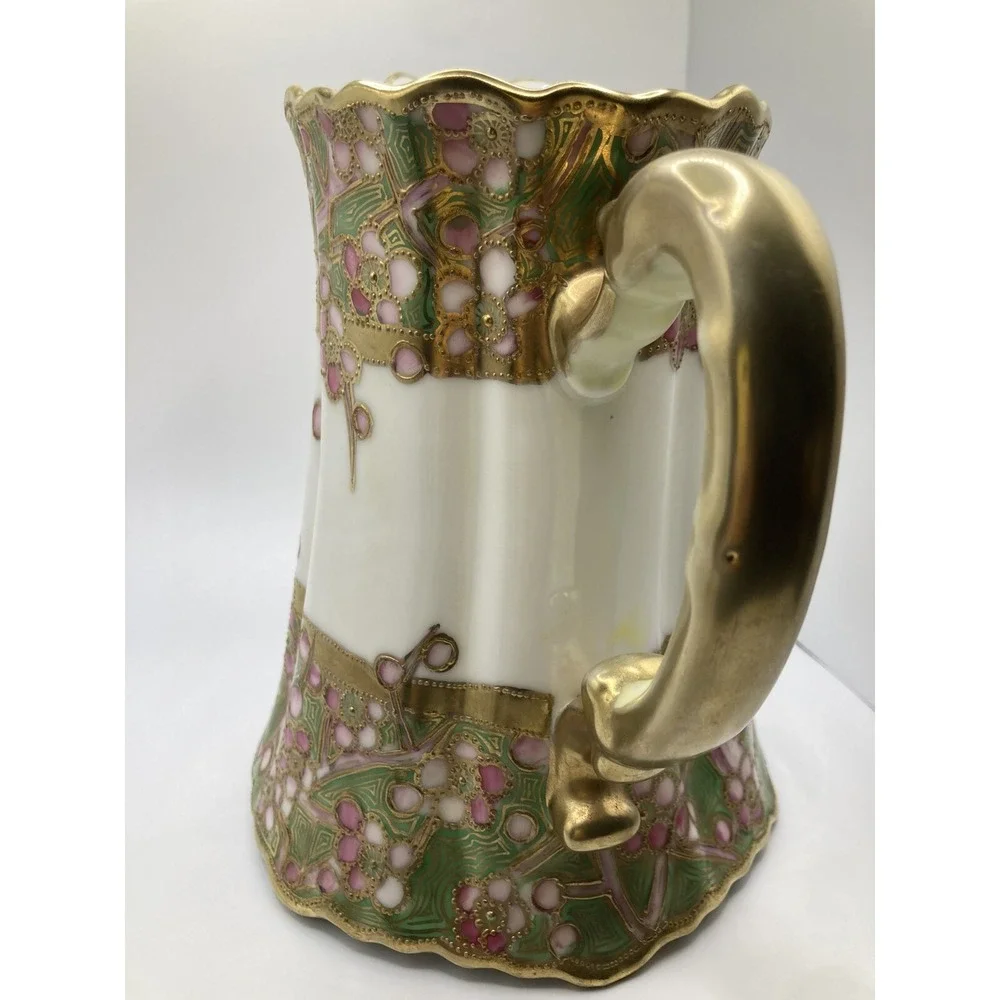 Antique Nippon Hand Painted Moriage Floral Pitcher Gold Gilt‎ Porcelain Cottage